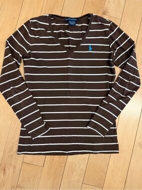 Ralph Lauren Brown & White Striped V-Neck Tee with Blue Polo Logo